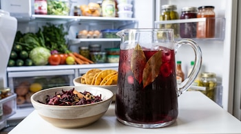 Jarra con infusión de jamaica, laurel y canela; tazón con flores secas de jamaica y canela; tazón de tacos dorados; refrigerador abierto con alimentos.