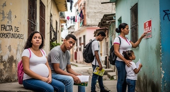 Un grupo de jóvenes y niños en una calle, con una mujer embarazada sentada y un cartel de 'Falta de Oportunidades' en la pared.