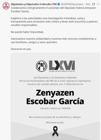 Captura de pantalla de una publicación digital con un mensaje de pésame del grupo del PRI y la imagen de un moño negro