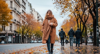 Una mujer con abrigo marrón y bufanda de lana camina por una calle de Buenos Aires con hojas secas. El viento mueve su cabello y hay árboles sin hojas y edificios al fondo.