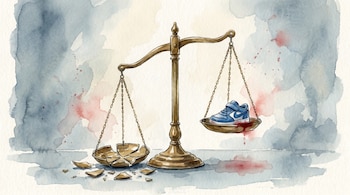 Ilustración en acuarela: Balanza dorada, un plato roto en el suelo, el otro con una zapatilla infantil azul y una mancha roja. Fondo difuminado.