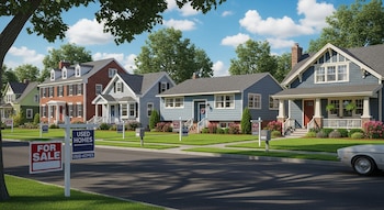 Fila de casas residenciales con céspedes y árboles, varias con carteles de "For Sale" o "Used Homes", en una calle soleada de Estados Unidos.