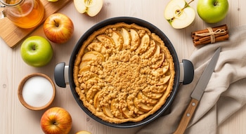 Vista cenital de una tarta de manzana con crumble en un sartén sobre una mesa de madera clara, junto a manzanas, un bol con azúcar, canela y un cuchillo.