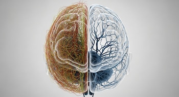 Imagen 3D de un cerebro humano dividido. Un lado muestra una red densa de nervios rojos y amarillos; el otro, vasos azules dentro de una estructura transparente.