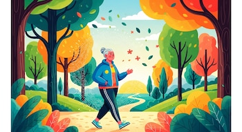 Ilustración de mujer de mediana edad con moño gris, chaqueta azul y pantalones oscuros, caminando en un sendero en un parque colorido con árboles, arbustos y un cielo azul.
