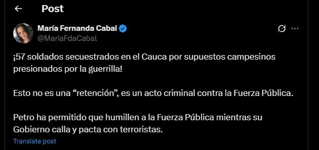 María Fernanda Cabal también hizo una publicación en su cuenta de X sobre la situación - crédito @MariaFdaCabal