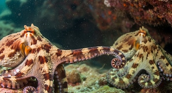 Primer plano realista de dos pulpos bajo el agua con patrones marrones y crema. Un tentáculo curvado se extiende en el primer plano.