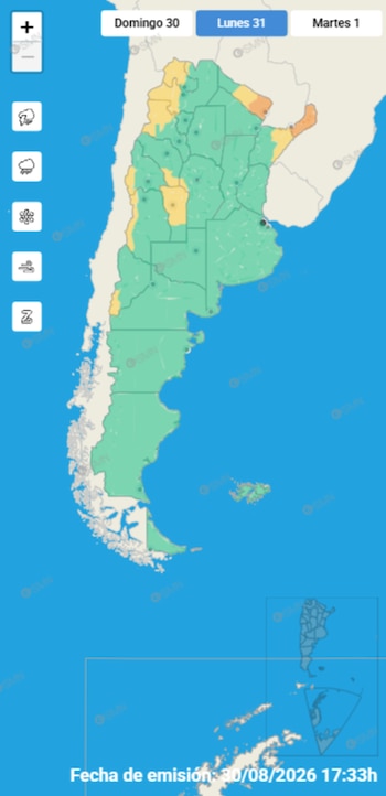 El mapa de alertas del SMN muestra que el área metropolitana de Buenos Aires no registra alertas activas para el lunes 31, mientras que el norte y el oeste del país presentan niveles amarillo y naranja