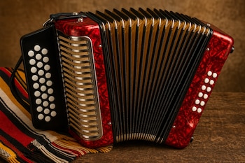 Un acordeón rojo de botones con el fuelle abierto sobre una mesa de madera, junto a una tela con franjas de colores.