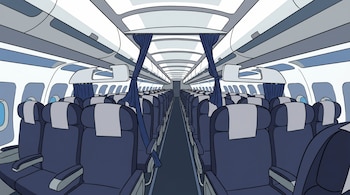 Una ilustración editorial de una cabina de avión de pasajeros completamente vacía, mostrando hileras de asientos azules y grises, y pasillos despejados.