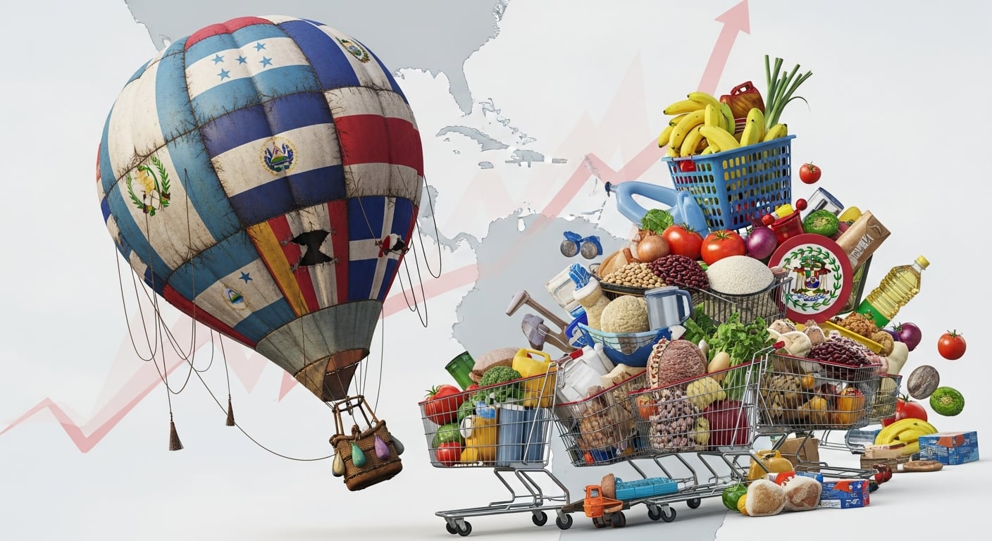 Ilustración que representa el impacto de la inflación en el costo de los bienes básicos en Centroamérica y República Dominicana, con banderas de la región en un globo aerostático y carritos de compra desbordados. (Imagen Ilustrativa Infobae)
