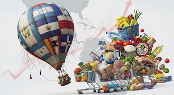 Globo aerostático con banderas de Centroamérica y República Dominicana, carritos de compra desbordados de alimentos básicos y mapa regional con flecha ascendente.