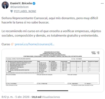 Daniel Briceño respondió a Mafe Carrascal y defendió sus registros en Cuentas Claras - crédito @Danielbricen/X