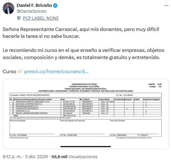 Daniel Briceño respondió a Mafe Carrascal y defendió sus registros en Cuentas Claras - crédito @Danielbricen/X
