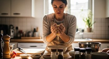Una mujer con un delantal sostiene pan rallado en sus manos sobre un bol, con algunos granos cayendo, en una cocina luminosa con utensilios en la encimera.
