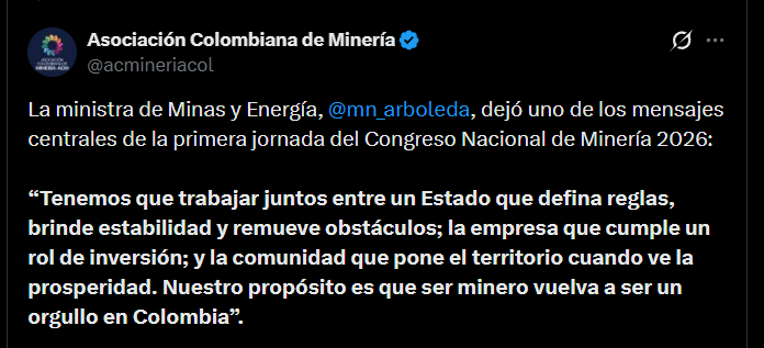 La Asociación Colombiana de Minería reclamó seguridad jurídica, más inversión extranjera y control de la ilegalidad para recuperar la competitividad de Colombia - crédito @acmineriacol/X