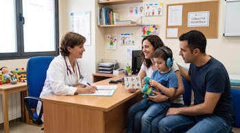 Una médica sentada en un escritorio atiende a una mujer, un hombre y un niño con auriculares que sostiene un juguete de peluche.
