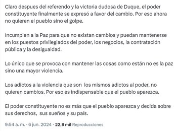 La tensión en el país aumenta por la idea de una nueva Asamblea Nacional Constituyente - crédito red social X