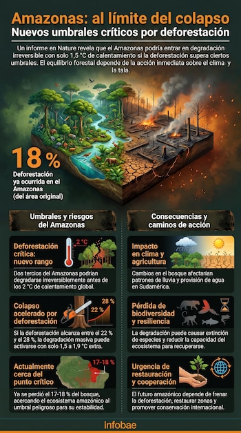 Infografía muestra la Amazonía dividida entre selva verde y bosque quemado, con paneles informativos sobre deforestación, umbrales críticos y soluciones.