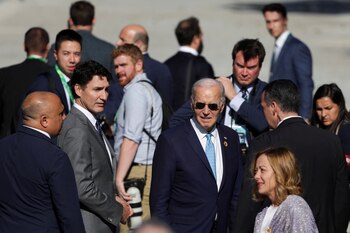 El presidente de Estados Unidos, Joe Biden, la primera ministra de Italia, Giorgia Meloni, y el primer ministro de Canadá, Justin Trudeau, en la cumbre del G20, en Río de Janeiro (REUTERS/Ricardo Moraes)