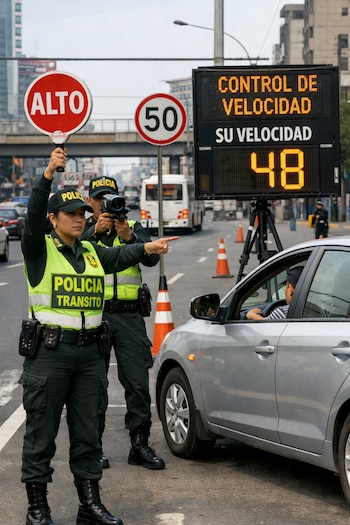 Dos policías de tránsito peruanos, uno con un radar y otro con señal de 'ALTO', realizan un control de velocidad en Lima; un letrero muestra '48' km/h y un límite de '50'.