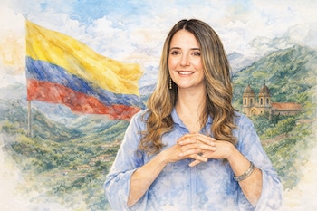 Paloma Valencia sonriendo en acuarela con manos entrelazadas. Detrás, la bandera de Colombia, montañas verdes y una iglesia colonial.