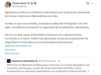 La embajadora de Israel en Colombia, Vivian Aisen, respaldó públicamente la ruptura y manifestó que esperaba que la medida contribuyera a fortalecer la seguridad de la población colombiana - crédito @VivianAisen/X