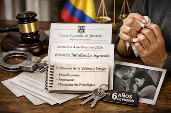 Mazo, esposas, documentos judiciales de la Corte Suprema de Colombia sobre violencia intrafamiliar, llaves con cartel "6 Años de Prisión", foto y manos con pañuelos.