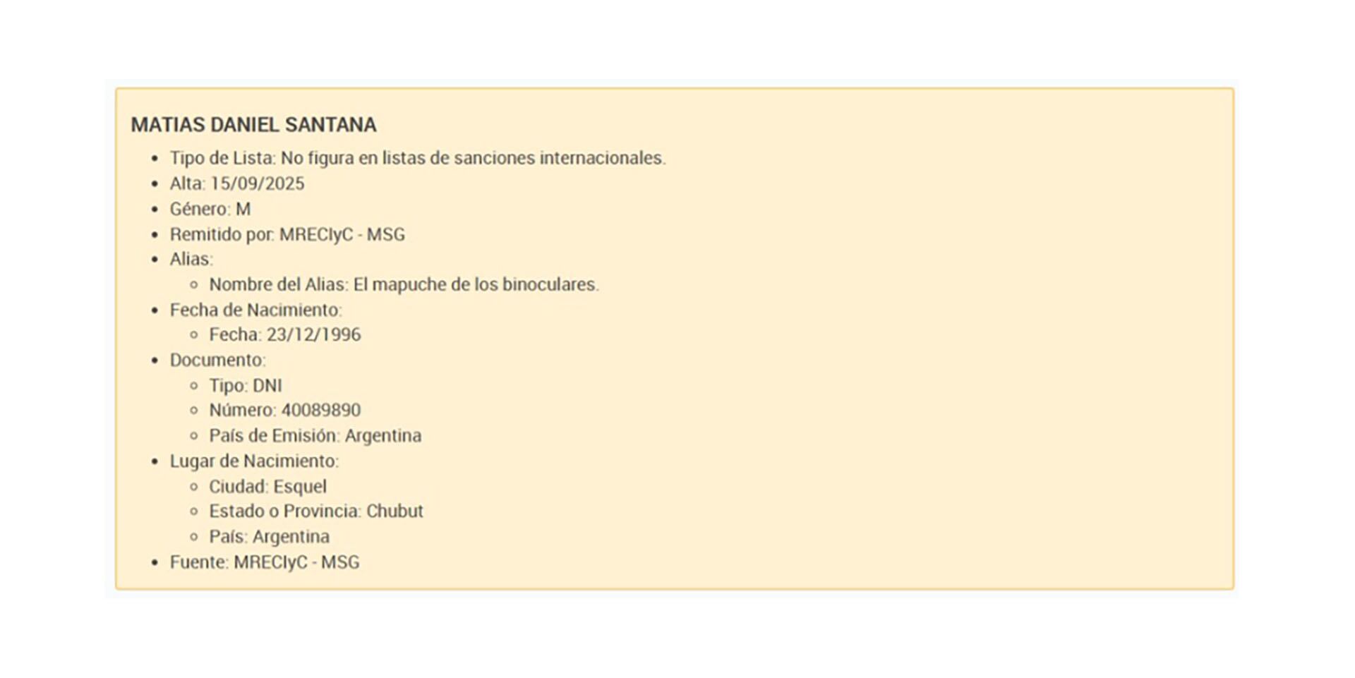 La ficha de Matías Santana, conocido popularmente como