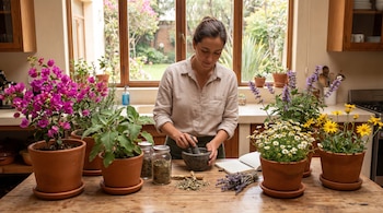 Mujer en cocina muele hierbas en mortero. Mesa con plantas de bugambilia, yerba santa, muicle, manzanilla, árnica mexicana, frascos, libreta, lavanda.