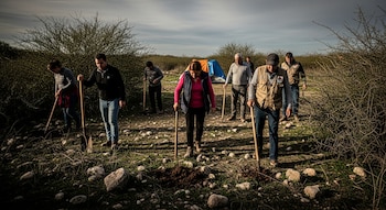 Grupo de personas con palas y una carpa caminando en un terreno pedregoso con arbustos secos y cielo nublado. Una persona excava en el suelo.