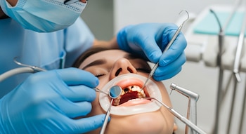 Vista cercana de un dentista con guantes azules y mascarilla azul examinando la boca abierta de un paciente con un separador bucal y herramientas.