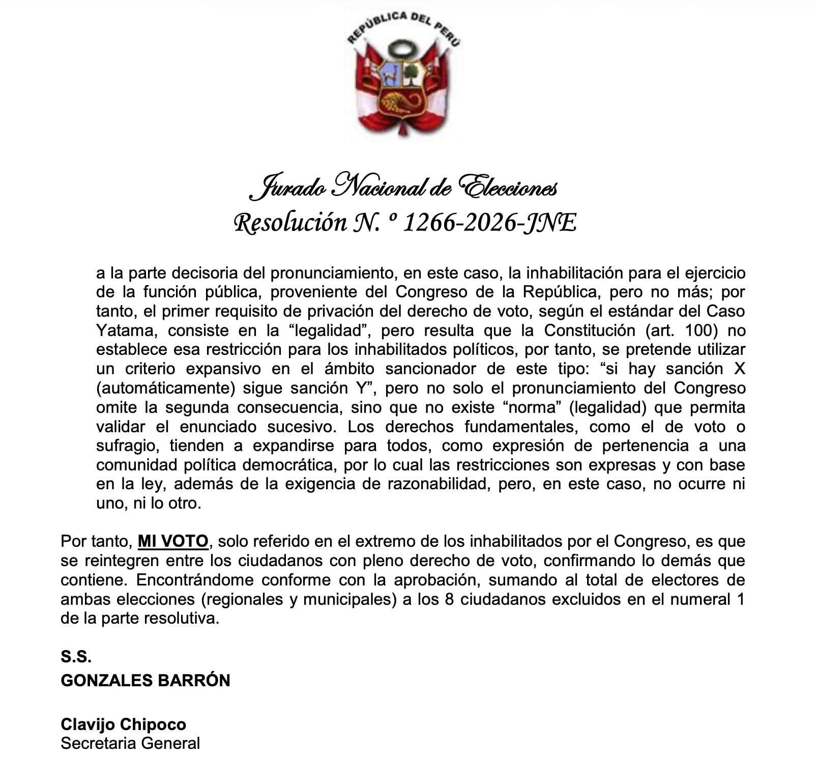 Un documento oficial del Jurado Nacional de Elecciones presenta el voto de Gunther Gonzáles Barrón a favor de la inclusión de inhabilitados en el padrón electoral para elecciones.