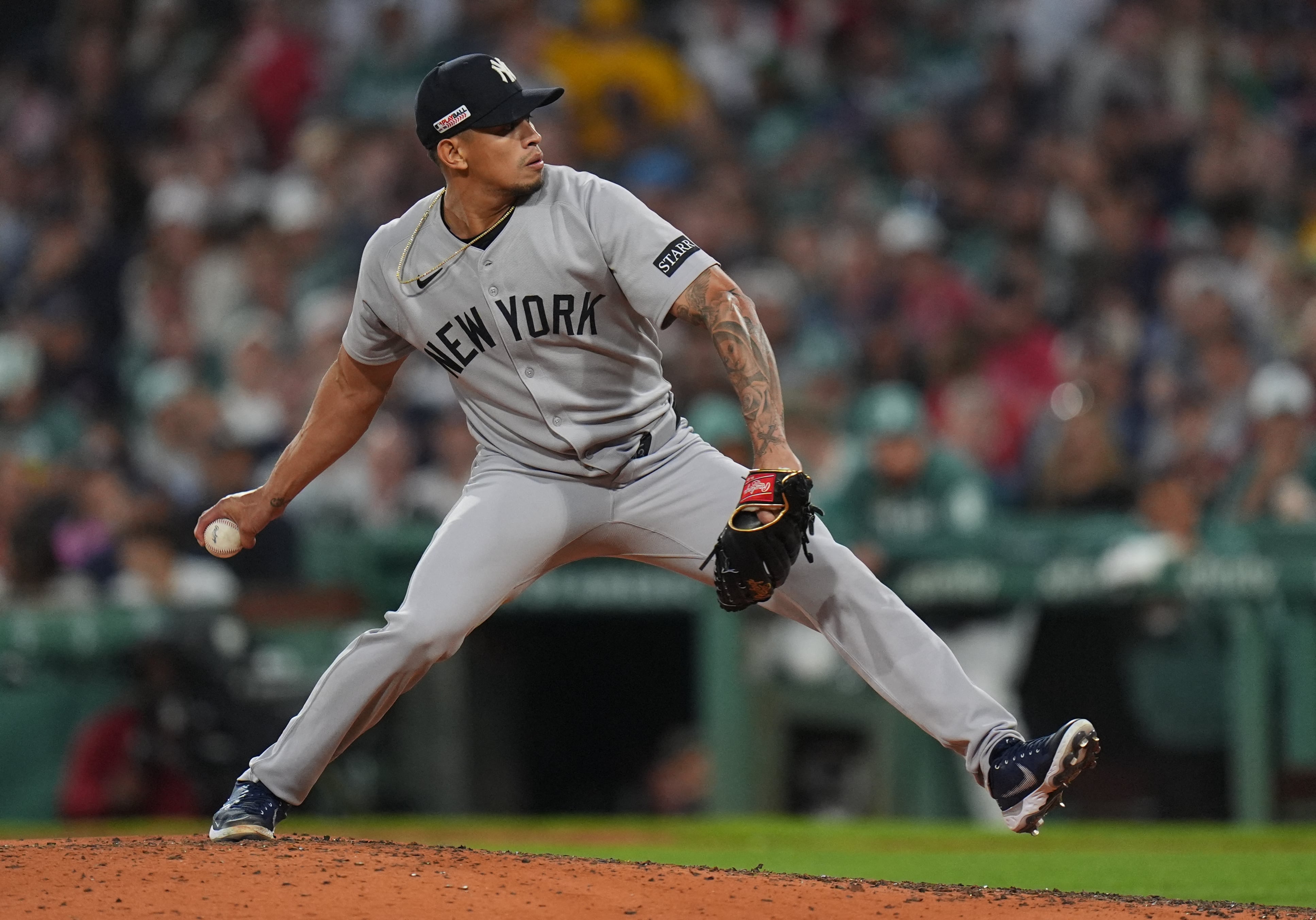 Jun 13, 2025; Boston, Massachusetts, USA; New York Yankees pitcher Jonathan Loáisiga (43) throws a pitch against the Boston Red Sox in the fifth inning at Fenway Park. Mandatory Credit: David Butler II-Imagn Images