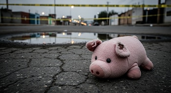 Cerdito de peluche rosa tirado sobre asfalto agrietado. Al fondo borroso se ve cinta policial amarilla, farolas y edificios en una calle urbana.
