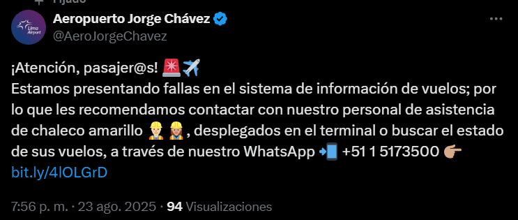 Comunicado del Aeropuerto Jorge Chávez