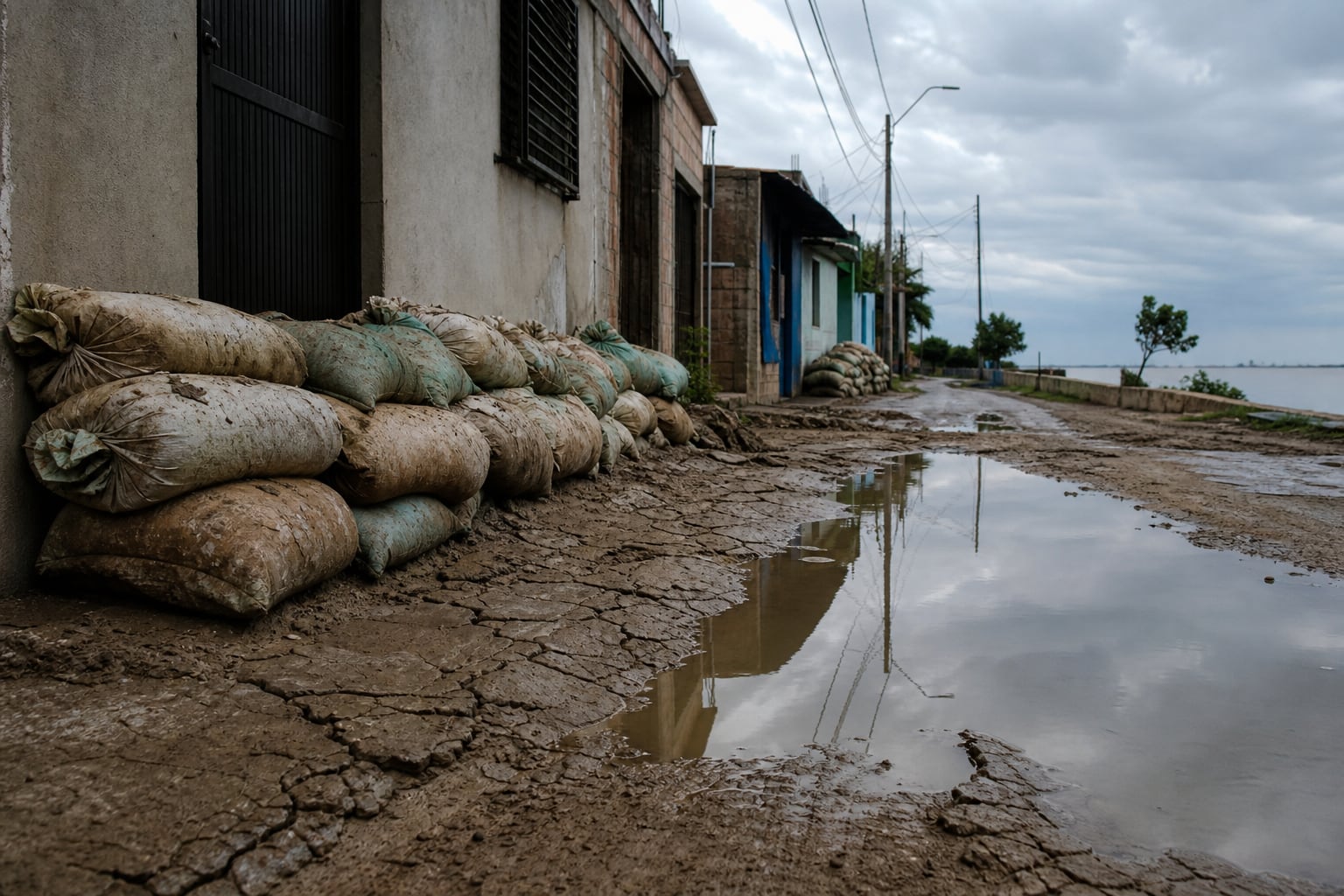 Una hilera de sacos de arena permanece apilada frente a las entradas de varias viviendas junto a una calle de barro expuesta a inundaciones. (Imagen Ilustrativa Infobae)