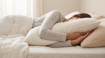 Torso de una persona con prenda gris acostada en una cama blanca abrazando una almohada mullida.