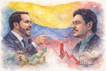 Pintura en acuarela de Abelardo de la Espriella e Iván Cepeda con la bandera colombiana de fondo, rodeados de símbolos de crecimiento y declive económico.