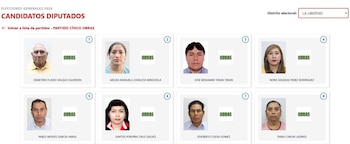 Captura de pantalla de una interfaz web con ocho recuadros que muestran fotos de candidatos a diputados y el logo "OBRAS" sobre un fondo blanco