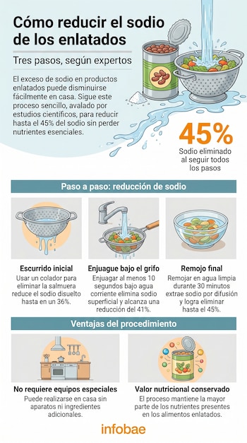 Infografía que detalla cómo reducir el sodio en enlatados: una lata de frijoles, colador con agua y comida, y un tazón con legumbres remojando.
