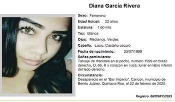 La ficha de búsqueda de la joven desaparecida la ubica por última vez en el bar Imperio, el 22 de febrero de 2020. (Crédito: FGR)
