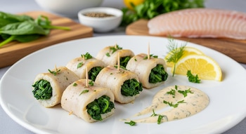 Plato blanco con seis rollos de merluza rellenos de espinacas y sujetos con palillos, acompañados de salsa y rodajas de limón; fondo borroso con ingredientes frescos.