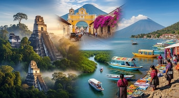 Collage de paisajes de Guatemala: pirámides mayas en la selva, el Arco de Santa Catalina en Antigua, el Lago Atitlán con barcos y vendedores, y un río entre manglares.