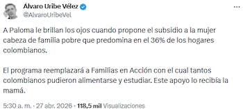 Álvaro Uribe Vélez respaldó propuesta de Paloma Valencia para subsidios a mujeres cabeza de familia - crédito @AlvaroUribeVel/X