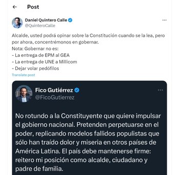 Daniel Quintero cuestionó a Fico
