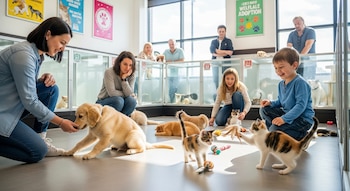 Varias personas se agachan para interactuar con cachorros y gatitos en el suelo de un centro de adopción, con vitrinas de animales al fondo.