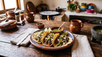 Tres tacos con nopales, queso y salsa en un plato de cerámica sobre una mesa de madera, acompañados de limones, salsa y vasijas de barro.