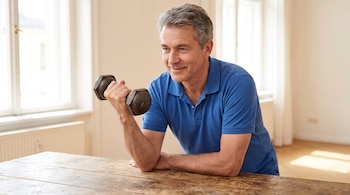 Hombre con camisa polo azul apoya el codo en una mesa de madera mientras sostiene una mancuerna de cuatro kilogramos.