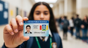 Primer plano de una mano sosteniendo una tarjeta de identificación escolar de Chicago Public Schools que también es tarjeta de biblioteca, con una estudiante borrosa al fondo.